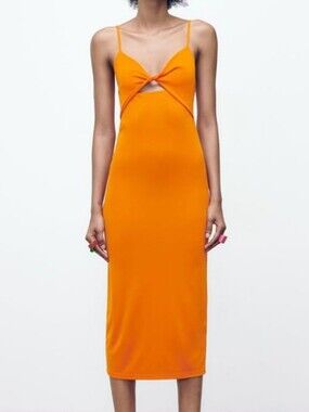NWOT Zara Bright Orange Twist-Front Midi Dress (L)